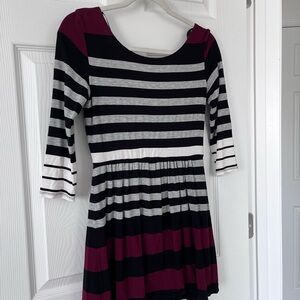 B. Smart Black White and Burgundy Striped Mini Dress